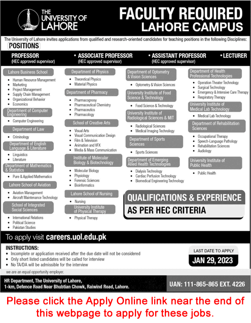 University of Lahore Jobs 2023 Apply Online UOL Teaching Faculty Latest
