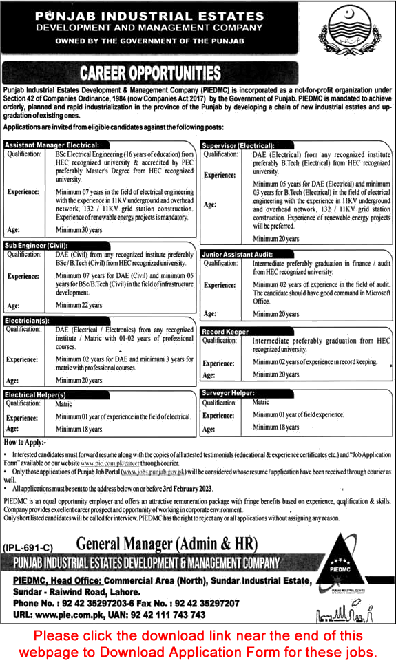 PIEDMC Jobs 2023 Online Application Form Punjab Industrial Estates Development and Management Company Latest