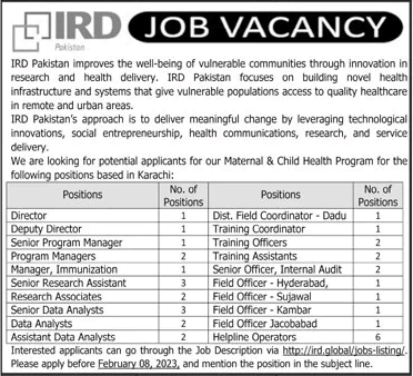 IRD Pakistan Sindh Jobs 2023 February Helpline Operators, Field Officers & Others Latest