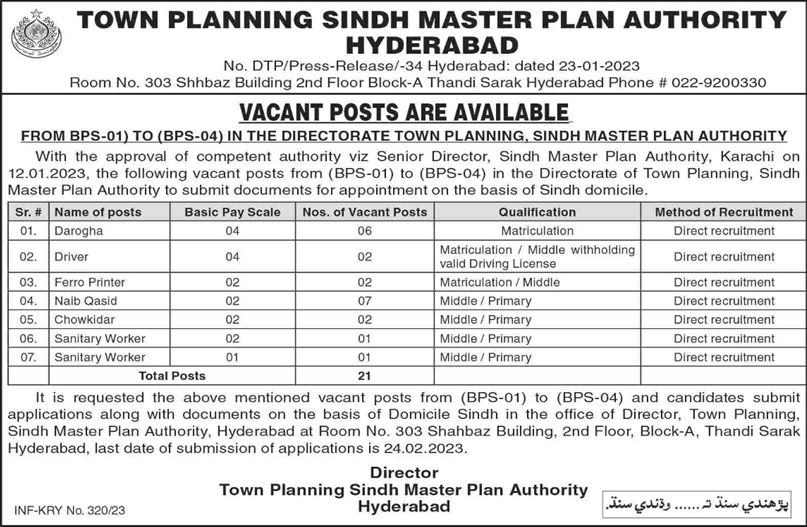 Town Planning Sindh Master Plan Authority Hyderabad Jobs 2023 February Naib Qasid & Others Latest