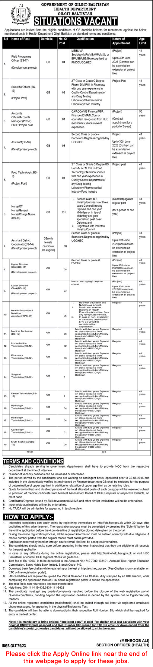 Health Department Gilgit Baltistan Jobs 2023 February ETEA Apply Online Nurses, Medical Technicians & Others Latest