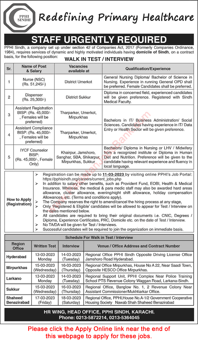 PPHI Sindh Jobs March 2023 Online Apply People's Primary Healthcare Initiative Walk in Test / Interview Latest
