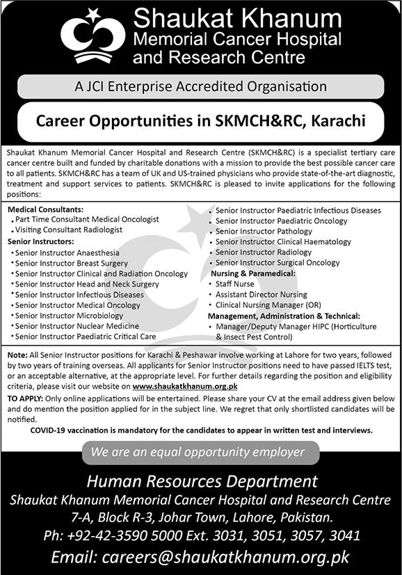 Shaukat Khanum Hospital Karachi Jobs 2023 March Senior Instructors & Others SKMCH Latest