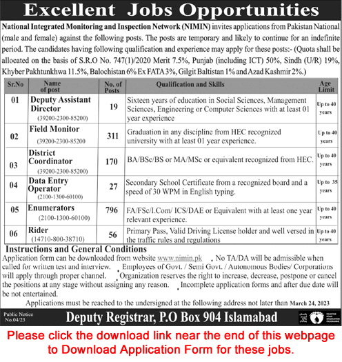 National Integrated Monitoring and Inspection Network Jobs 2023 March Application Form PO Box 94 Enumerators & Others Latest
