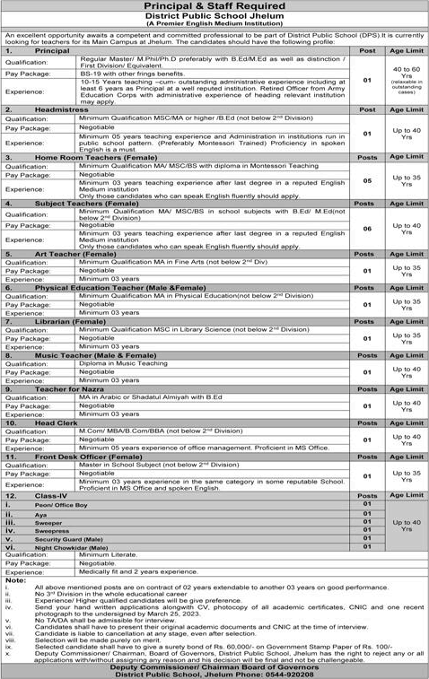 District Public School Jhelum Jobs 2023 March Subject Teachers & Others Latest