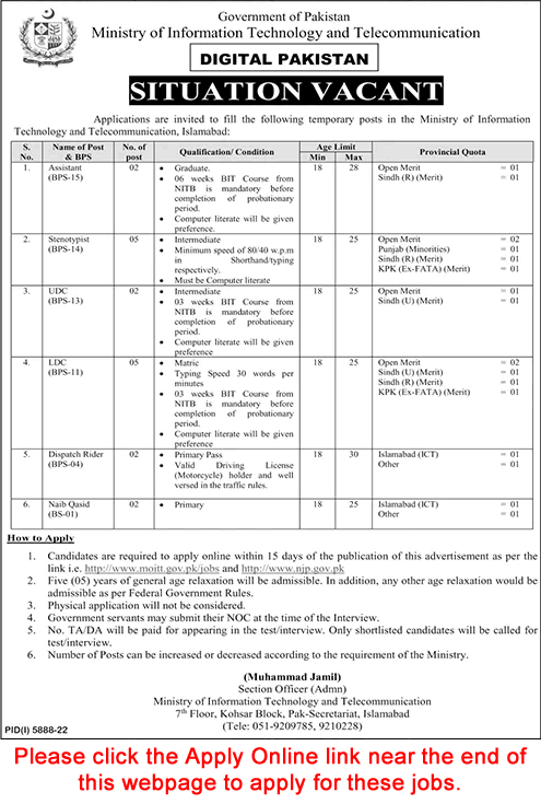 Ministry of Information Technology and Telecommunication Jobs 2023 March NJP Apply Online Clerks, Stenotypists & Others Latest