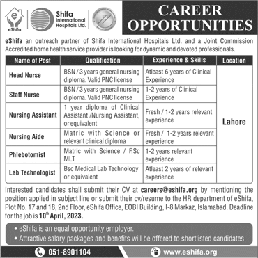 Shifa International Hospital Lahore Jobs 2023 March eShifa Nurses & Others Latest