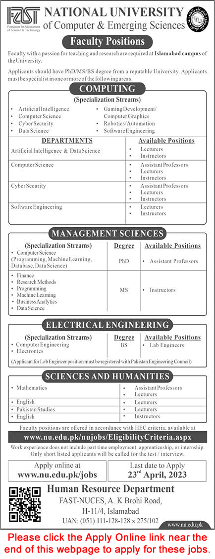 FAST National University Islamabad Jobs April 2023 Apply Online Teaching Faculty & Lab Engineers Latest