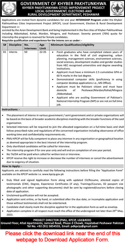 Intern Jobs in Local Government Election and Rural Development Department KPK 2023 May Application Form Latest