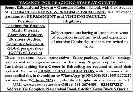 Seerat Educational System Quetta Jobs 2023 May Teaching Faculty Latest