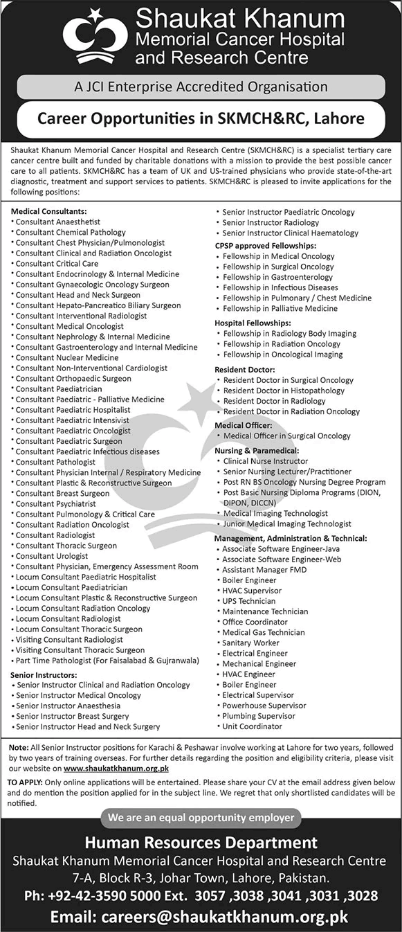 Shaukat Khanum Hospital Lahore Jobs June 2023 SKMCH Medical Consultants & Others Latest