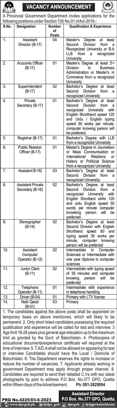 PO Box 377 Quetta Jobs 2023 June Assistants, Clerks, Naib Qasid & Others Provincial Government Department Latest