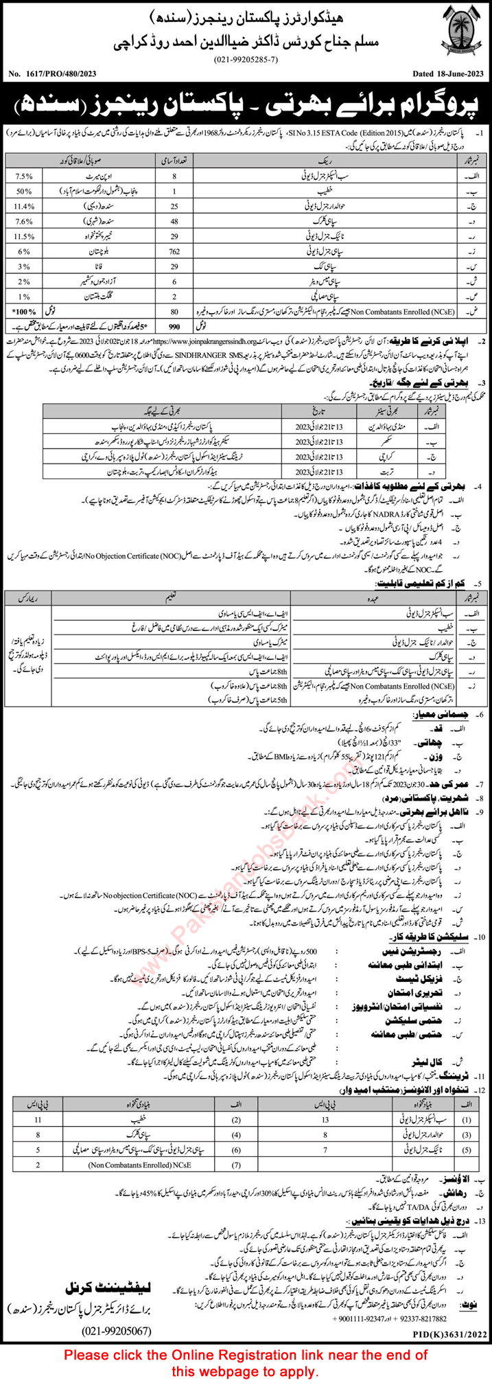 Pakistan Rangers Sindh Jobs June 2023 Online Registration Sipahi, Sub Inspectors & Others Latest