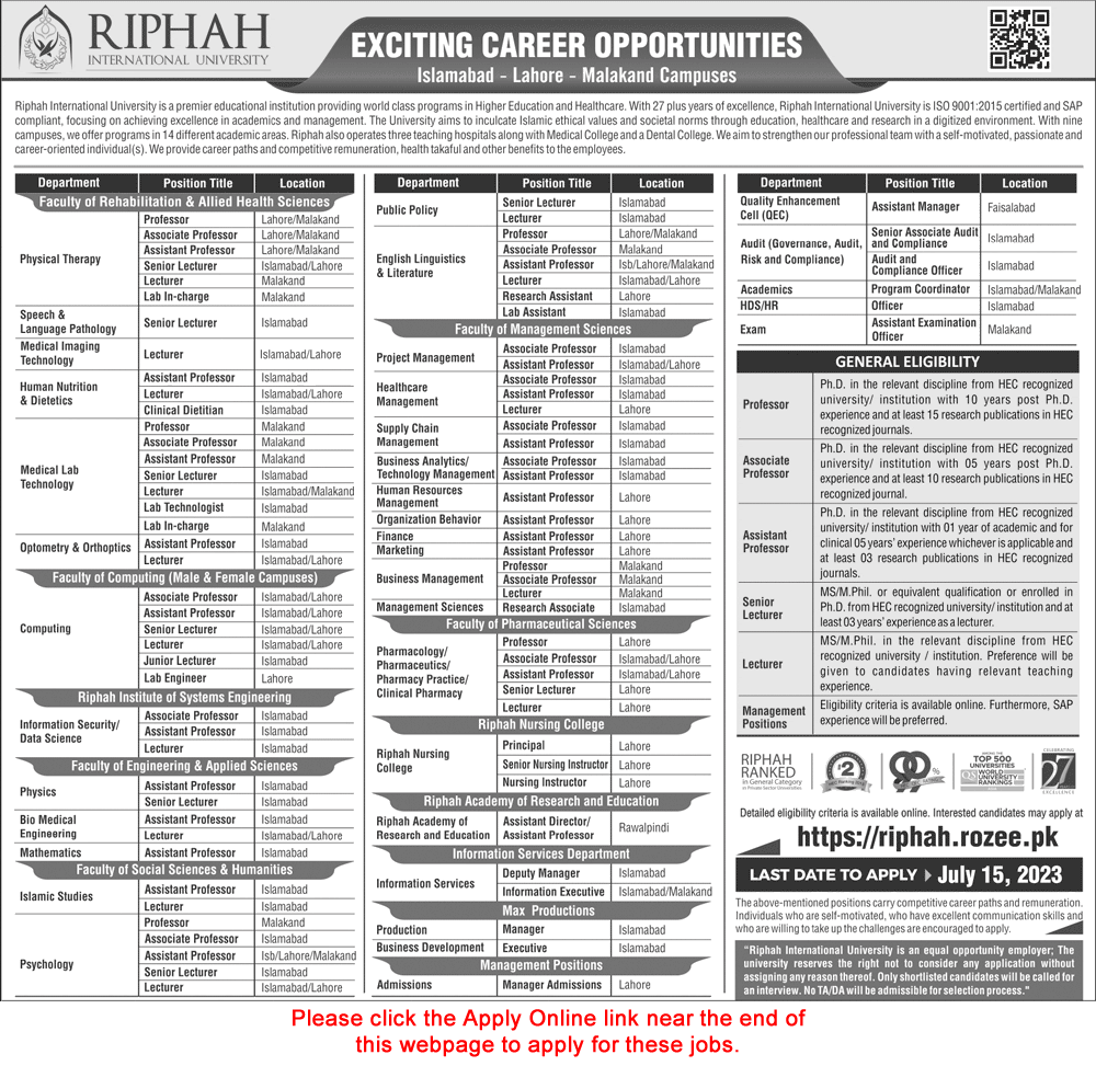 Riphah International University Jobs June 2023 July Apply Online Teaching Faculty & Others Latest