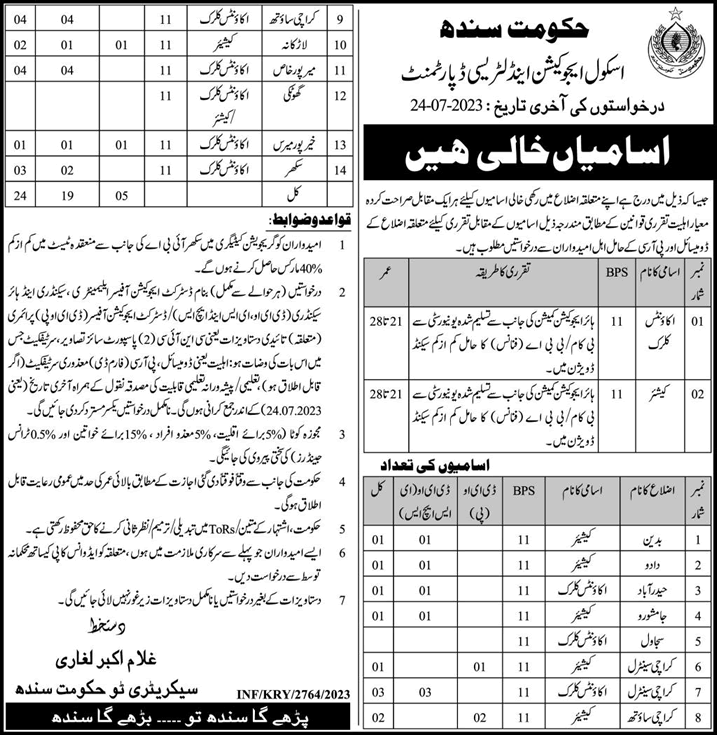 School Education and Literacy Department Sindh Jobs July 2023 Accounts Clerks & Cashiers Latest
