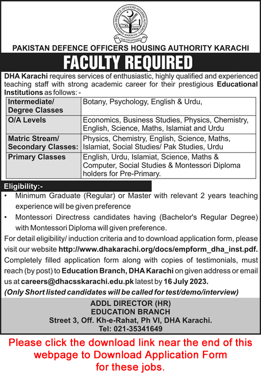 Teaching Faculty Jobs in DHA Karachi July 2023 Application Form Pakistan Defence Officers Housing Authority Latest