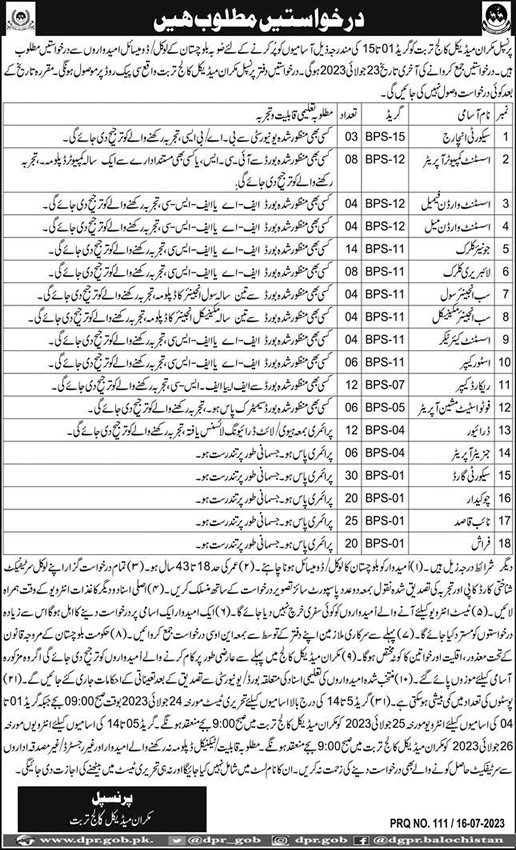 Makran Medical College Turbat Jobs July 2023 Security Guards, Naib Qasid & Others