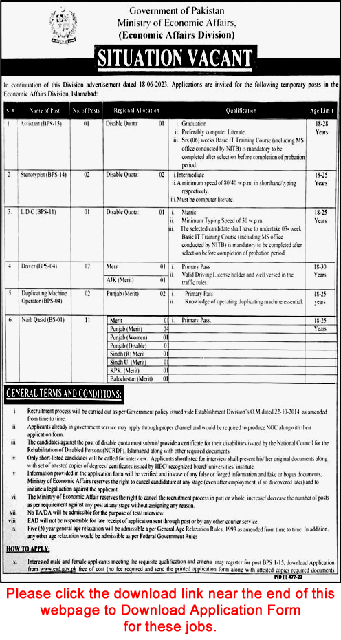 Ministry of Economic Affairs Islamabad Jobs July 2023 Application Form Naib Qasid & Others Latest