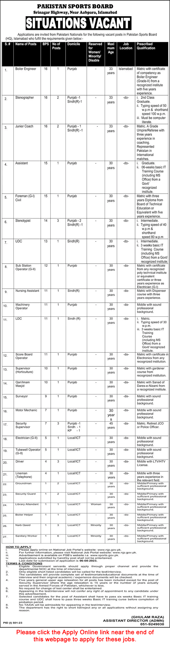 Pakistan Sports Board Islamabad Jobs 2023 July Apply Online Stenotypists & Others Latest