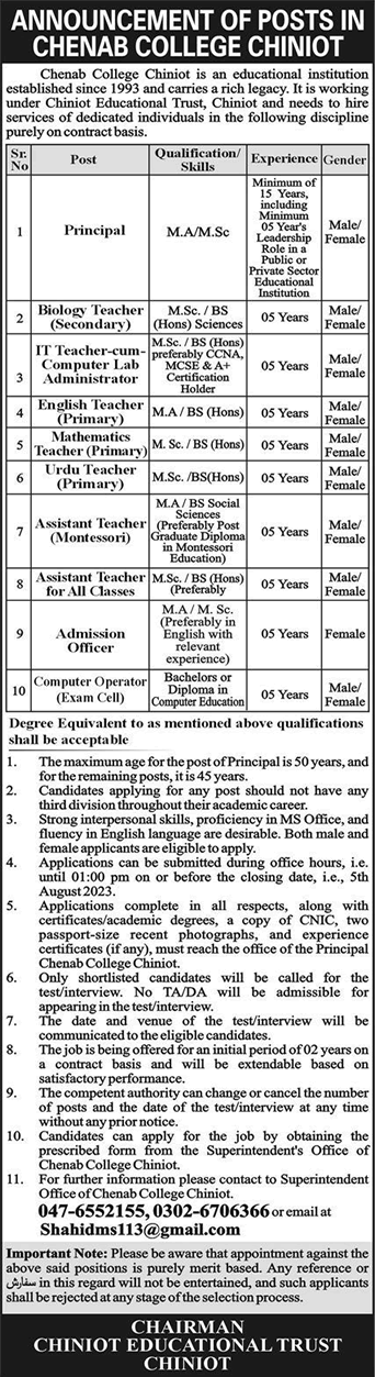 Chenab College Chiniot Jobs July 2023 August Teachers & Others Latest
