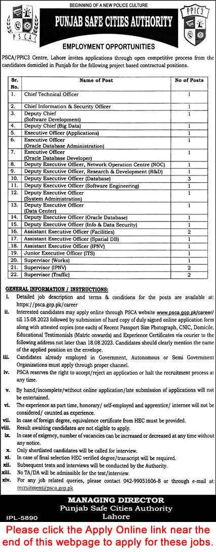 Punjab Safe City Authority Jobs 2023 July / August PSCA PPIC3 Apply Online Executive Officers & Others Latest