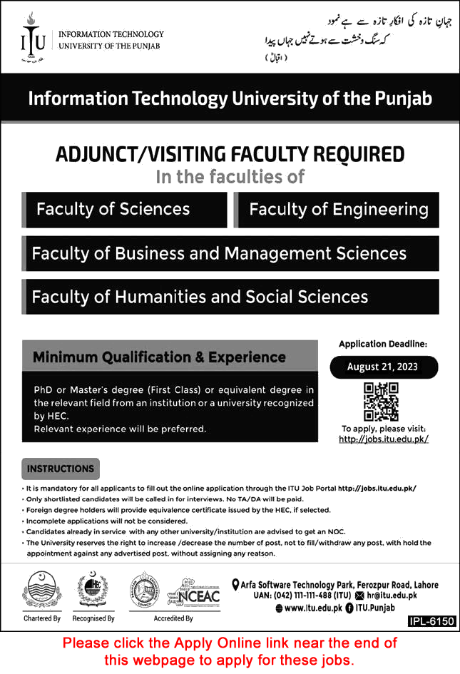 Visiting Faculty Jobs in Information Technology University Punjab August 2023 Apply Online Latest