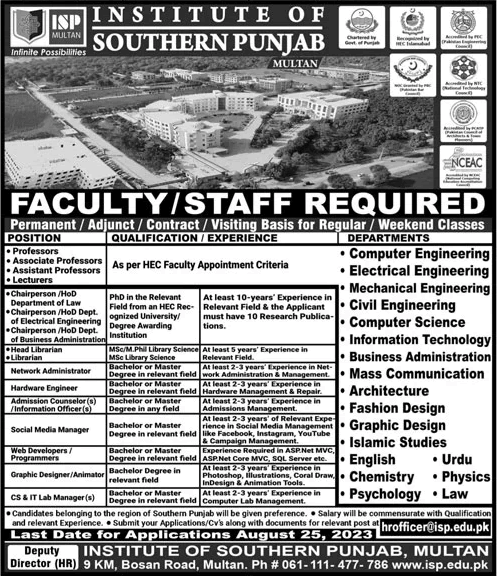 Institute of Southern Punjab Multan Jobs 2023 August Teaching Faculty & Others Latest