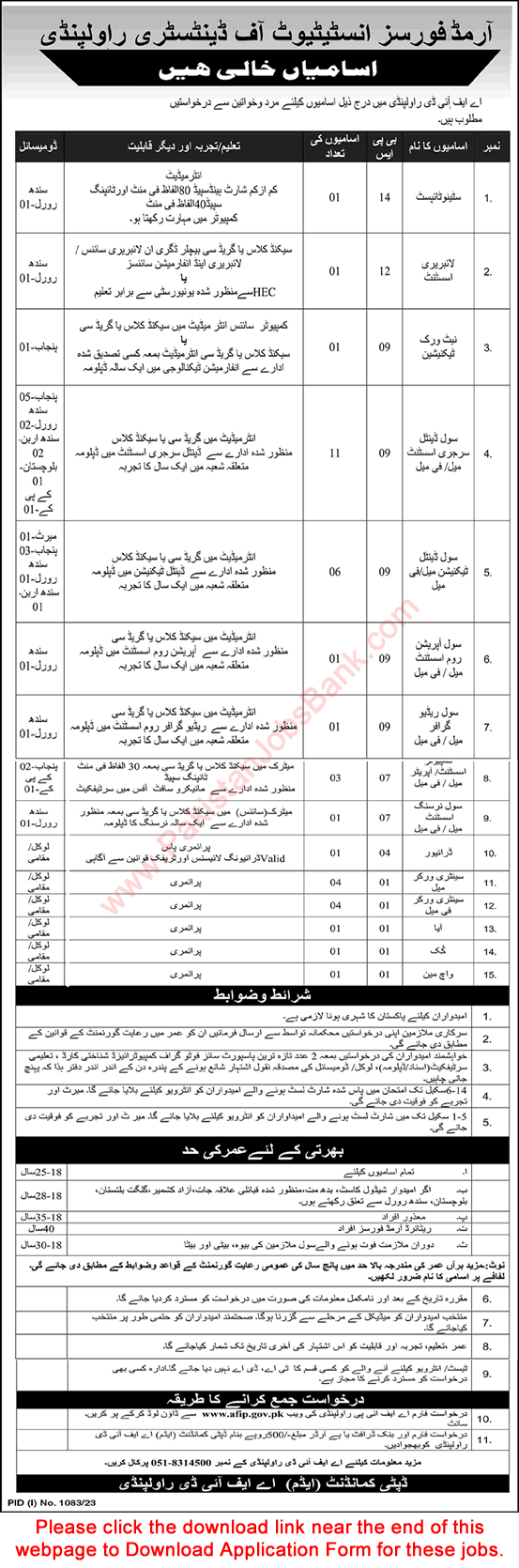 Armed Forces Institute of Dentistry Rawalpindi Jobs 2023 August AFID Application Form Latest