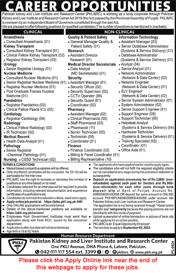 PKLI Lahore Jobs August 2023 PKLI&RC Apply Online Pakistan Kidney and Liver Institute and Research Center Latest