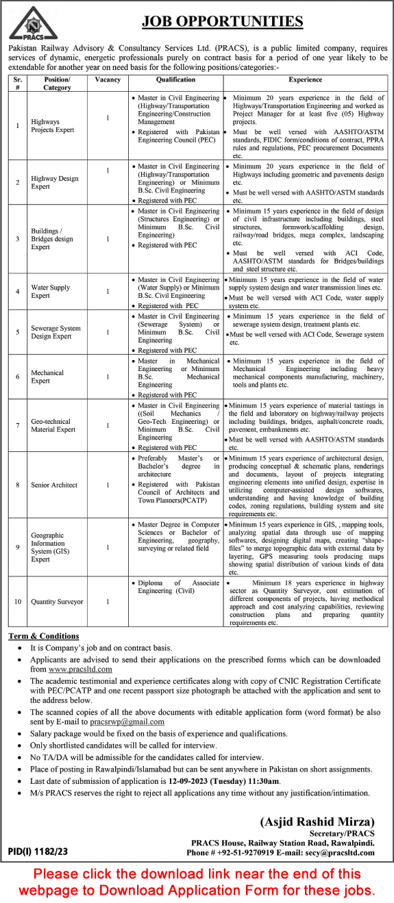Pakistan Railway Advisory and Consultancy Services Jobs 2023 August PRACS Application Form Design Experts & Others Latest
