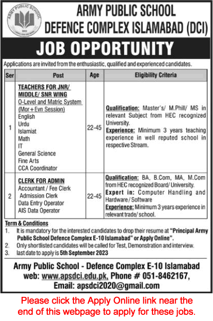 Army Public School Defence Complex Islamabad Jobs August 2023 Apply Online Teachers & Others Latest