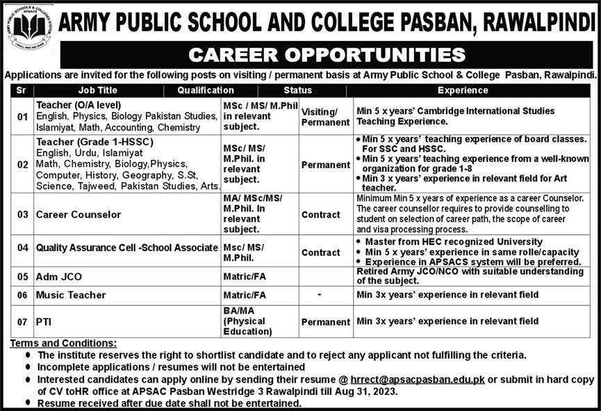 Army Public School and College Pasban Rawalpindi Jobs 2023 August Teachers & Others Latest
