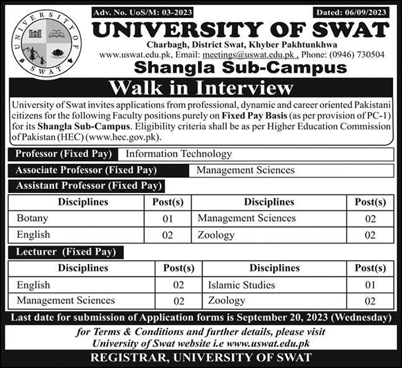 University of Swat Shangla Campus Jobs September 2023 Teaching Faculty Walk in Interview Latest