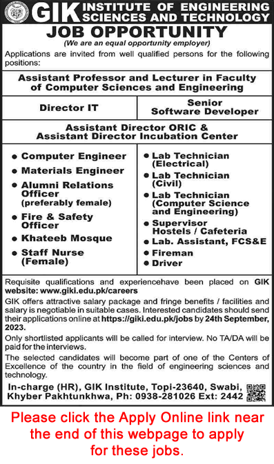 GIK Institute of Engineering Sciences and Technology Swabi Jobs September 2023 Online Apply Latest