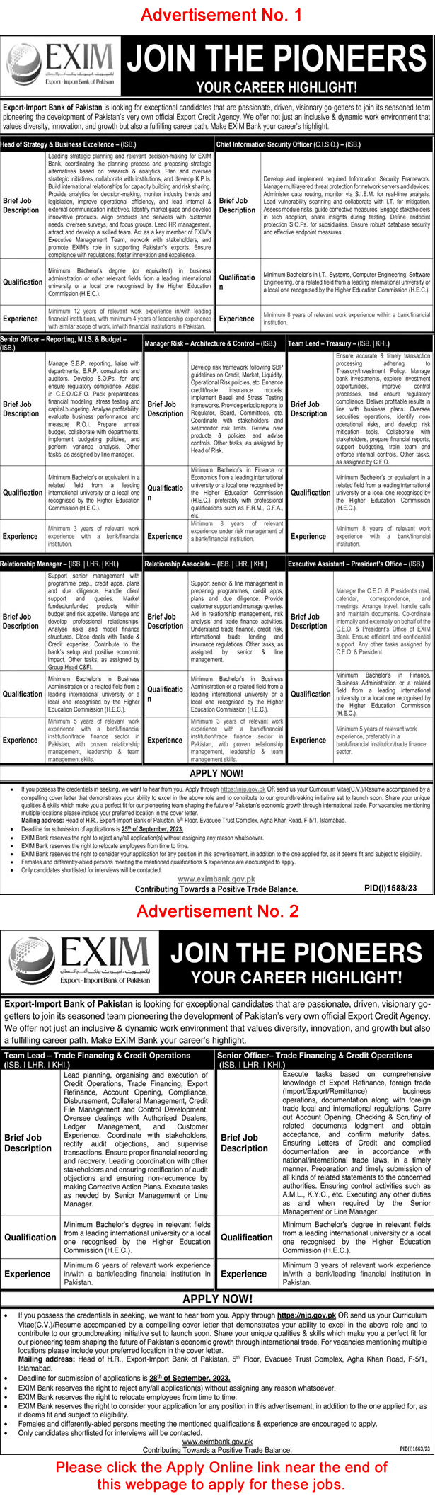EXIM Bank of Pakistan Jobs September 2023 Apply Online Senior Officers, Team Lead & Others Latest