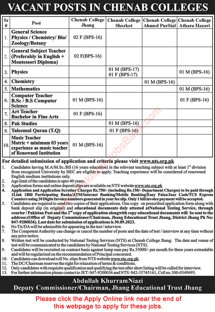 Chenab Colleges Jhang Jobs September 2023 Teachers NTS Apply Online Latest