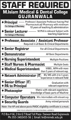 M Islam Medical & Dental College Gujranwala Jobs September 2023 Teaching Faculty & Others Latest