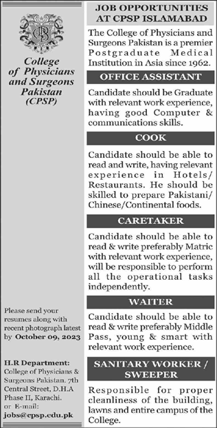 CPSP Islamabad Jobs September 2023 College of Physicians and Surgeons Pakistan Latest