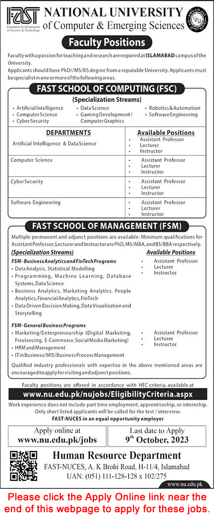 Teaching Faculty Jobs in FAST University Islamabad October 2023 Apply Online Latest