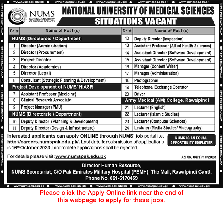 NUMS University Rawalpindi Jobs October 2023 Online Apply Teaching Faculty & Others Latest