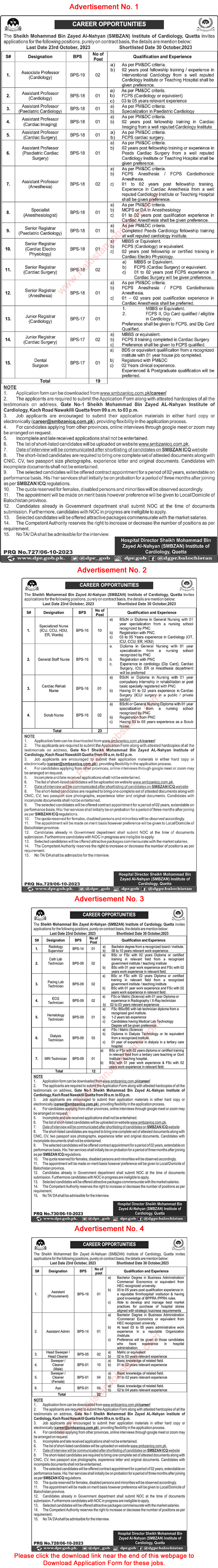 Sheikh Mohammed Bin Zayed Al Nahyan Institute of Cardiology Quetta Jobs 2023 October Application Form SMBZAN Latest