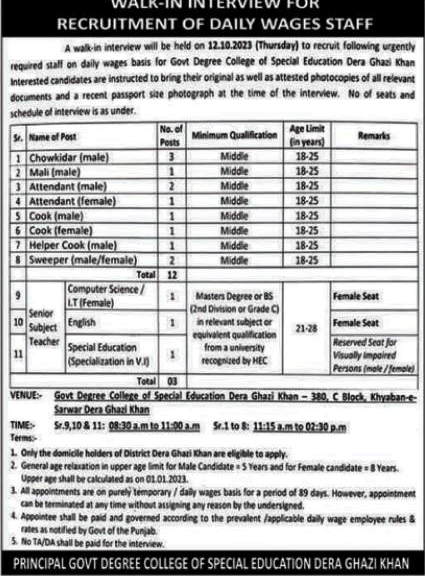 Govt Degree College of Special Education Dera Ghazi Khan Jobs 2023 October Walk in Interview Teachers & Others Latest