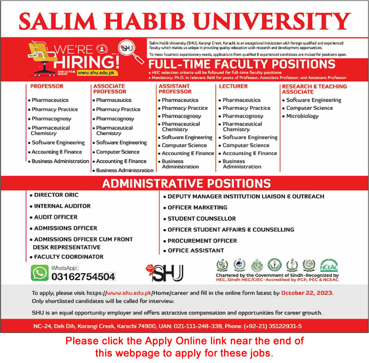 Salim Habib University Karachi Jobs 2023 October Apply Online Teaching Faculty & Others Latest
