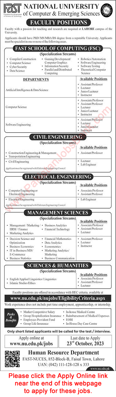 Teaching Faculty Jobs in FAST National University Lahore October 2023 Online Apply Latest