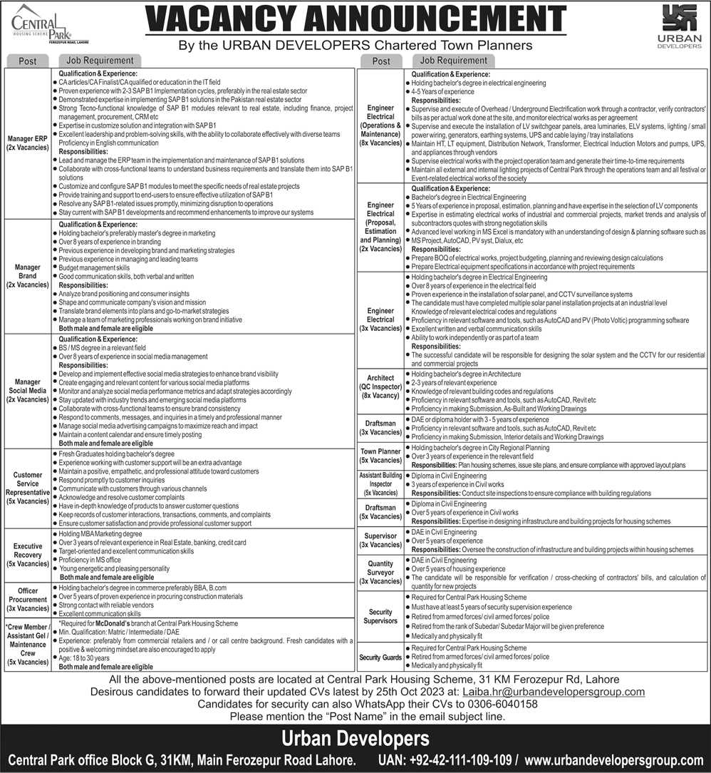 Urban Developers Lahore Jobs October 2023 Electrical Engineers & Others Latest