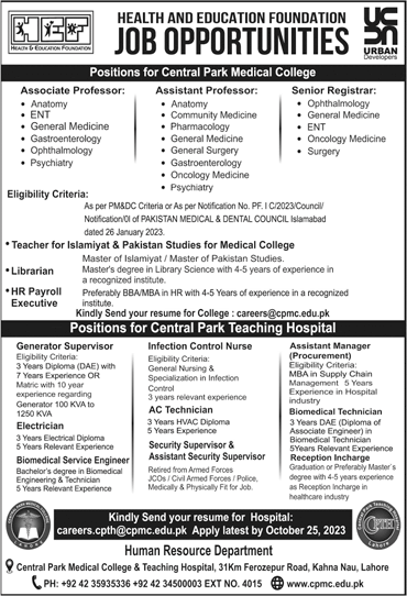 Central Park Medical College and Teaching Hospital Lahore Jobs 2023 October Teaching Faculty & Others Latest