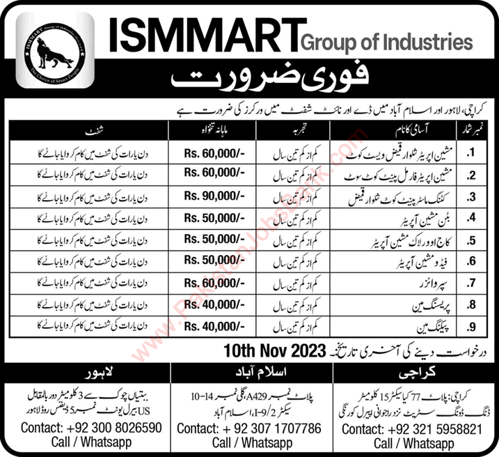 Ismmart Group of Industries Jobs 2023 October / November Machine Operators & Others Latest