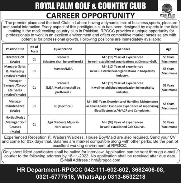 Royal Palm Golf and Country Club Lahore Jobs November 2023 Sales / Marketing Manager & Others Latest