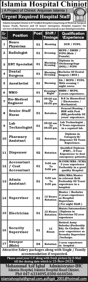 Islamia Hospital Chiniot Jobs November 2023 Pharmacy Assistants, Dispensers, Sweepers & Others Latest