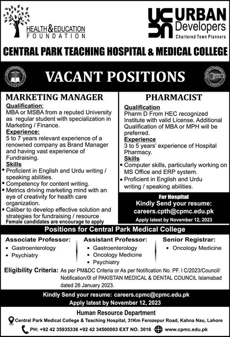 Central Park Medical College and Teaching Hospital Lahore Jobs November 2023 Teaching Faculty & Others Latest